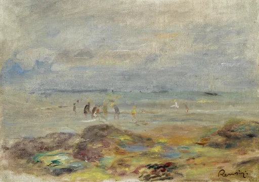 Small figures gather along a hazy shoreline beyond colourful rocks in the foreground, painted in muted greys, greens, and gold.