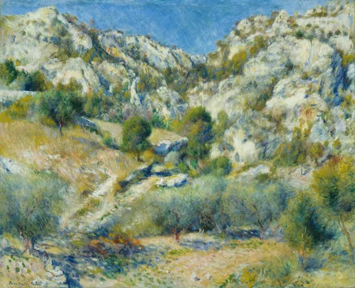 A rocky ravine with white limestone crags and scrubby green bushes opens beneath a clear blue sky, in white, green, and blue.