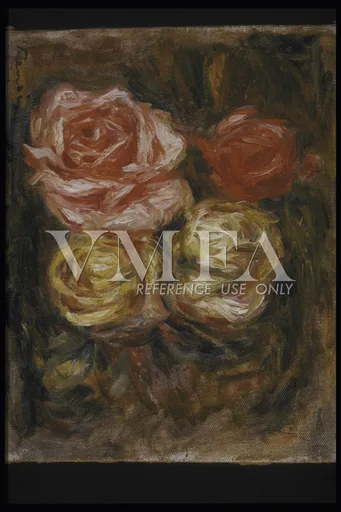Pink, red, and pale yellow roses cluster together against a dark, richly textured brown background.