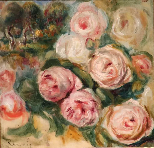 Large pink roses cluster in the foreground beside a glimpse of a distant garden with trees, painted in soft pinks and greens.