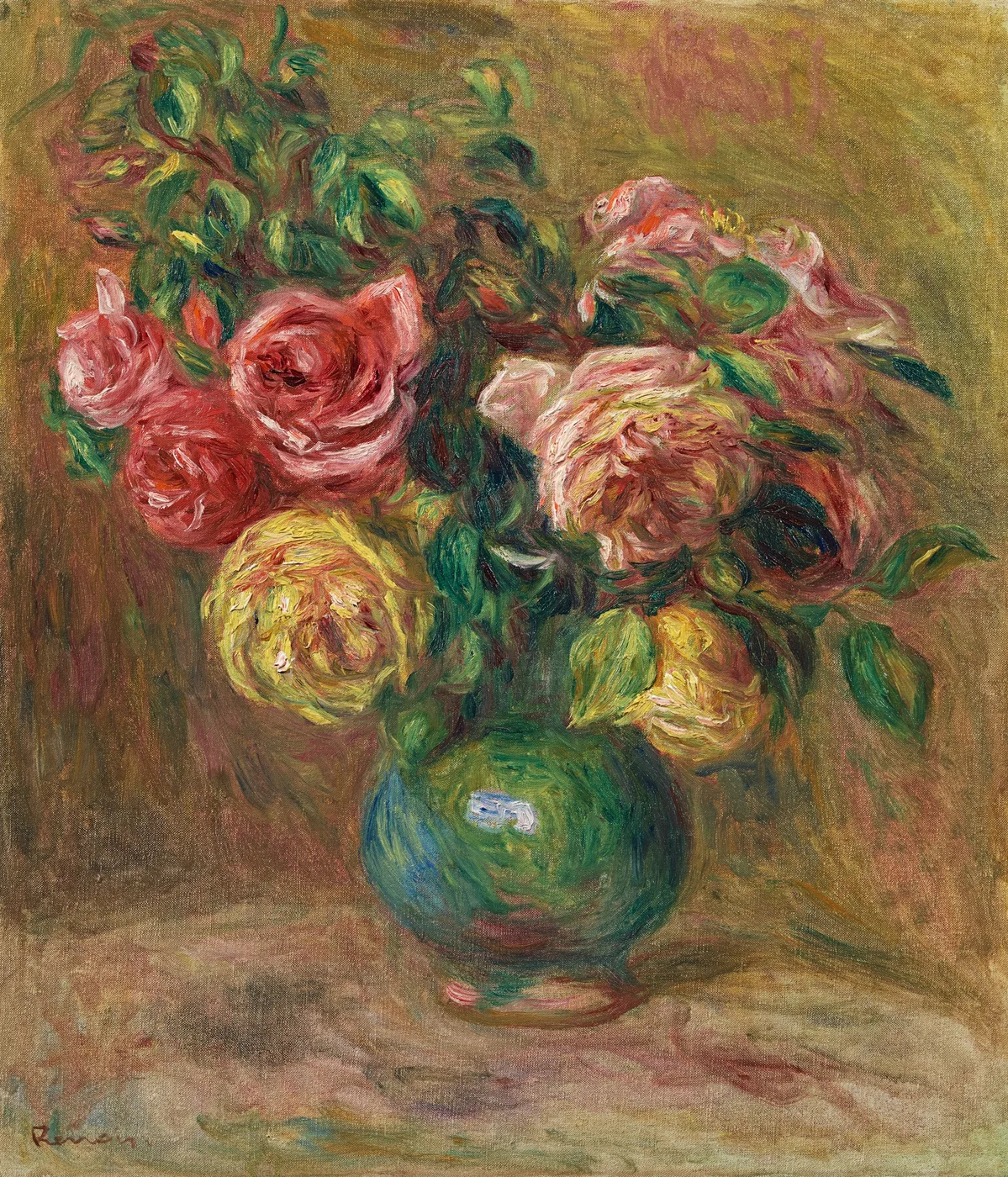 Pink and yellow roses arranged in a round green vase against a warm ochre background, in rose pink, gold, and green