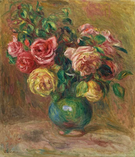 Pink and yellow roses arranged in a round green vase against a warm ochre background, in rose pink, gold, and green