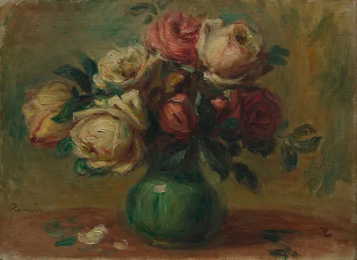 A still life of white and pink roses in a green glass vase on a wooden table, in cream, rose pink, and olive green.