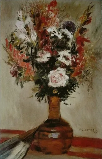 A tall bouquet of white roses, red gladioli, and dark thistles rises from an amber vase on a striped red tablecloth.