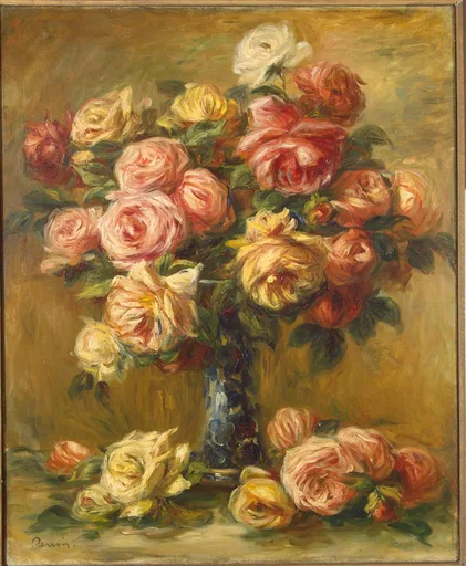 A full vase of pink and yellow roses with more blooms scattered on the table below, in warm gold, pink, and green