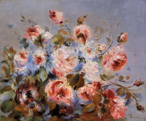 A loose bouquet of pink and white roses against a pale grey-blue background, in soft pink, cream, and sage green