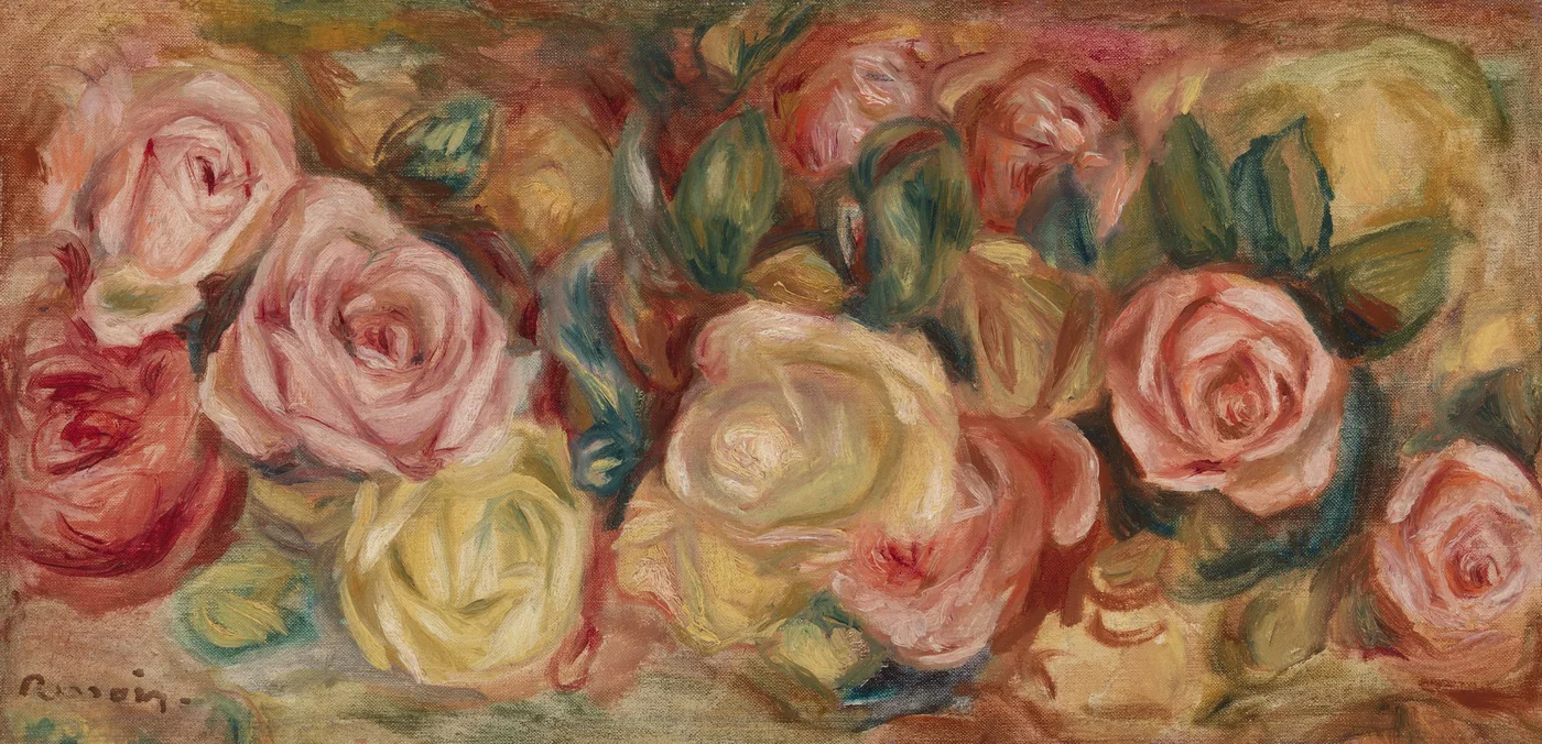 A wide band of pink and cream roses with green leaves fills the canvas in loose, overlapping brushstrokes.