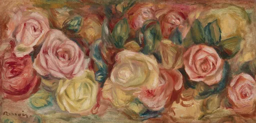 A wide band of pink and cream roses with green leaves fills the canvas in loose, overlapping brushstrokes.