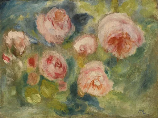 A loose sketch of pale pink roses among green foliage, in soft pink, sage green, and yellow