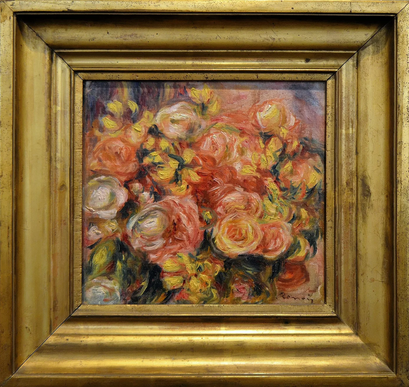 A dense bouquet of pink and yellow roses fills the canvas in thick, rounded strokes, framed in ornate gold.