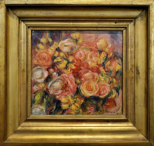 A dense bouquet of pink and yellow roses fills the canvas in thick, rounded strokes, framed in ornate gold.
