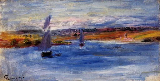 Small sailboats with tall dark sails drifting on a wide river before an orange autumnal shore, in deep blue, orange, and violet tones