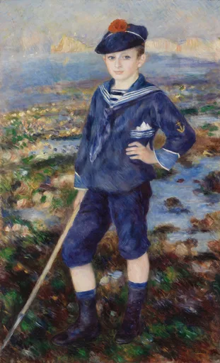 A boy in a blue sailor suit and beret stands with a hand on his hip beside a coastal inlet, in deep navy blue, green, and pale sky tones.