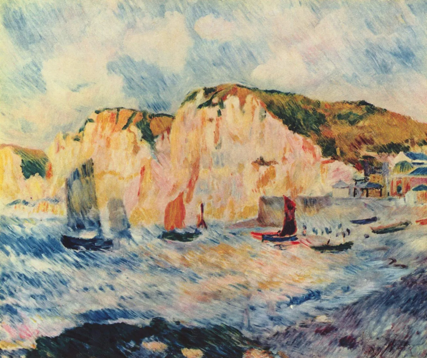 Small sailboats bob near a fishing village beneath tall chalk cliffs and a cloudy sky, in blue, coral pink, and ochre.