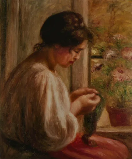 A woman in a white blouse sewing beside a window with a potted flower, in warm amber, cream, and soft rose