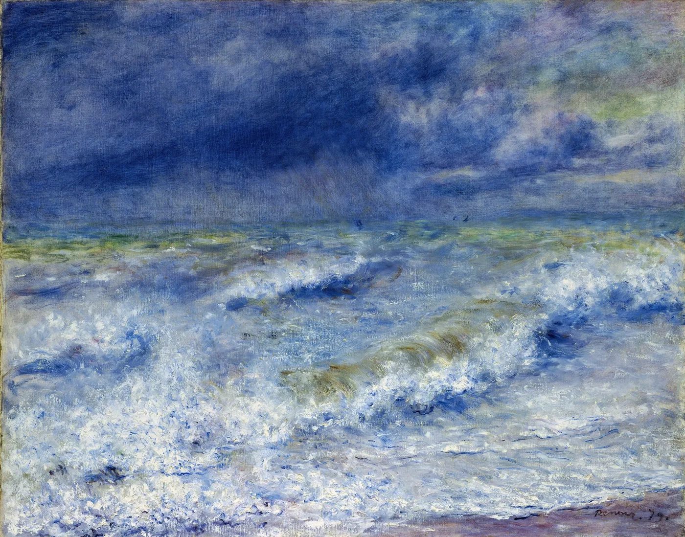 Foaming waves break under a stormy sky with no land in sight, painted in deep blue, white sea spray, and hints of green.