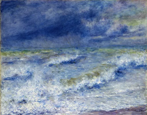 Foaming waves break under a stormy sky with no land in sight, painted in deep blue, white sea spray, and hints of green.