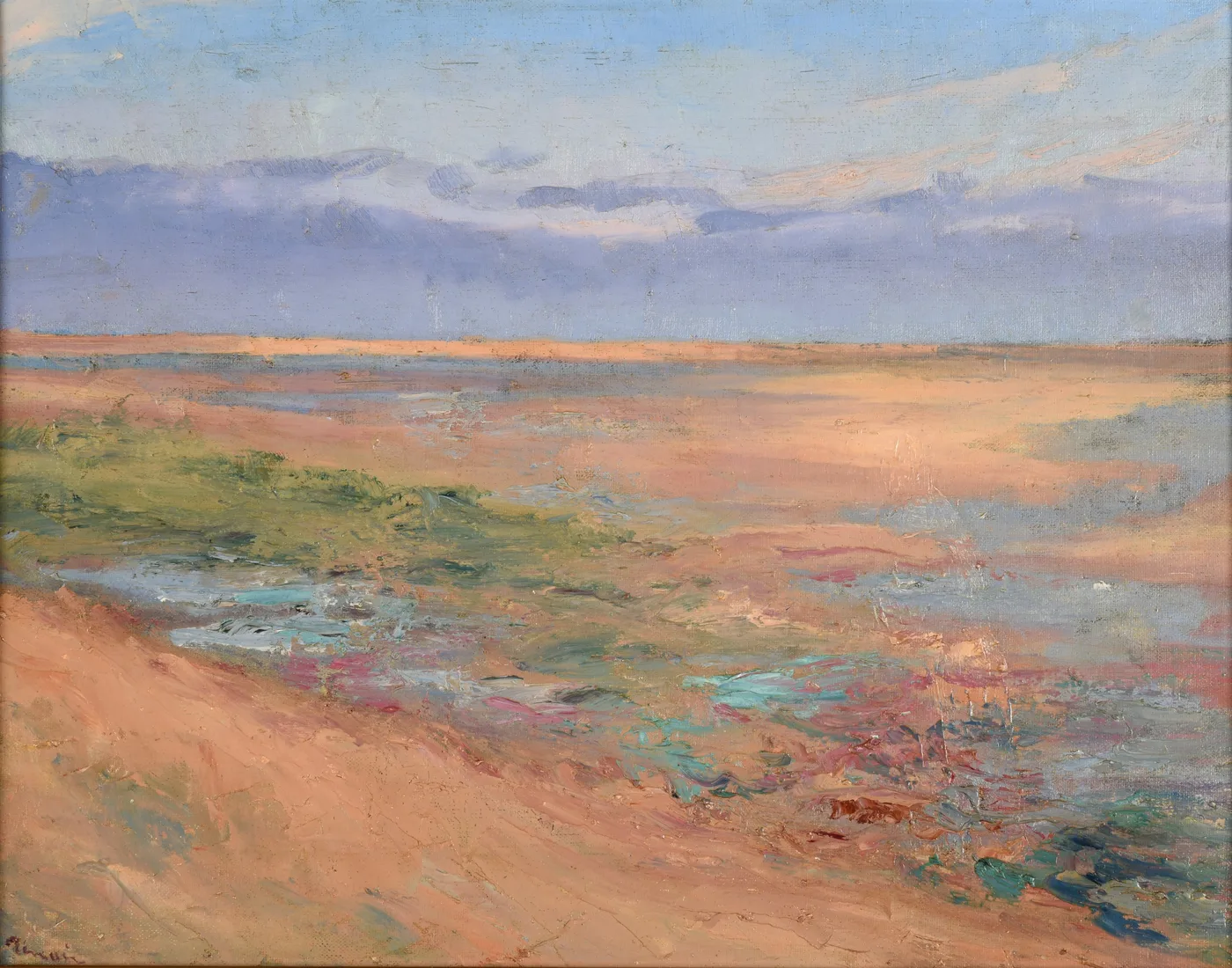 A wide tidal shoreline in sandy pink and orange tones holds pools of blue-green water beneath a hazy pale sky.