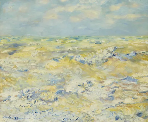A choppy sea of white-capped waves rolls in golden-yellow and blue beneath a pale sky streaked with clouds.