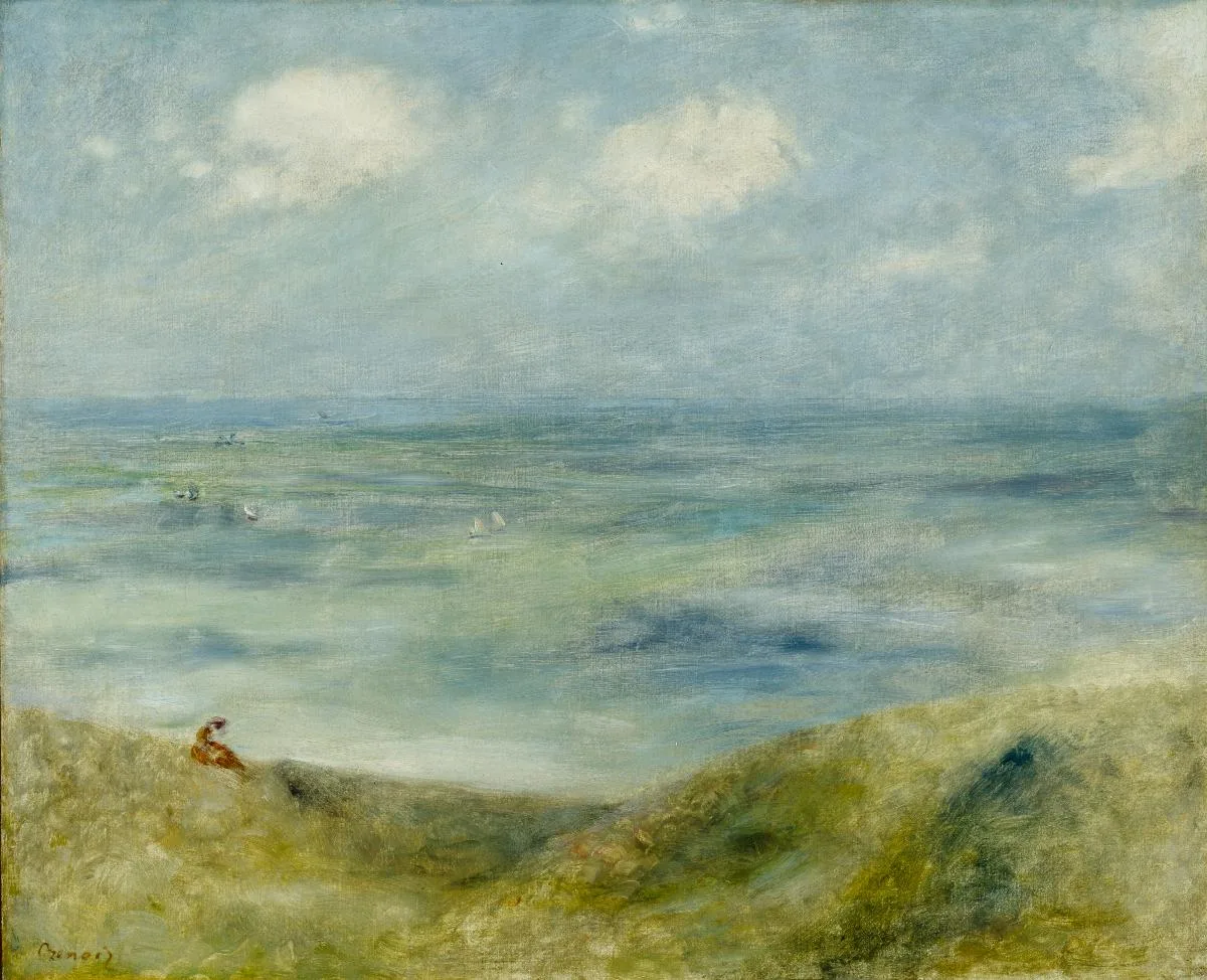 A lone figure seated on a grassy dune overlooking a calm sea with distant sailboats, in soft blue, green, and white