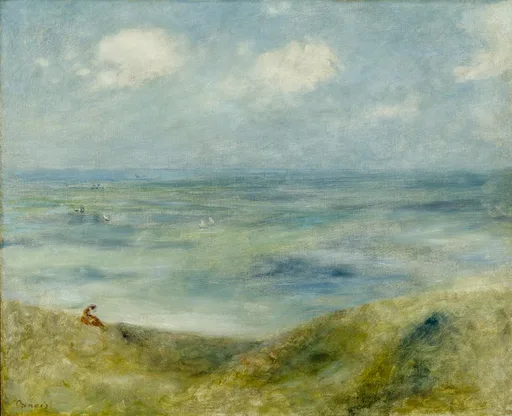 A lone figure seated on a grassy dune overlooking a calm sea with distant sailboats, in soft blue, green, and white