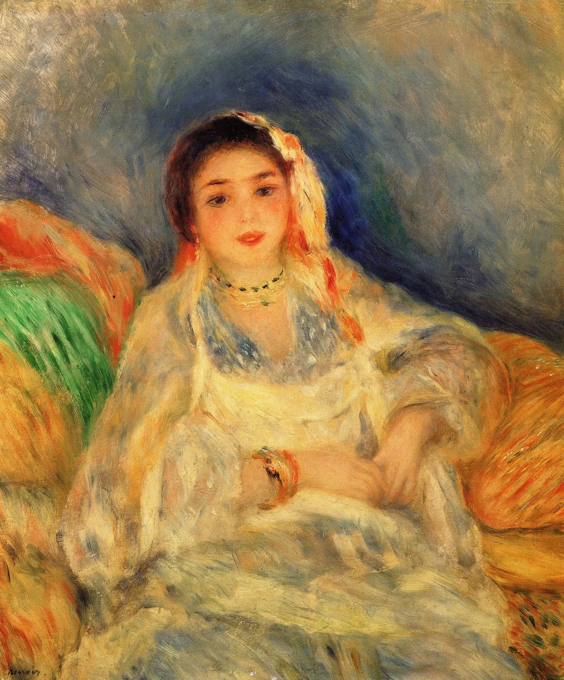 A seated woman in a white headscarf and beaded necklace rests her bangled wrist on cushions, in soft cream, orange, and blue tones