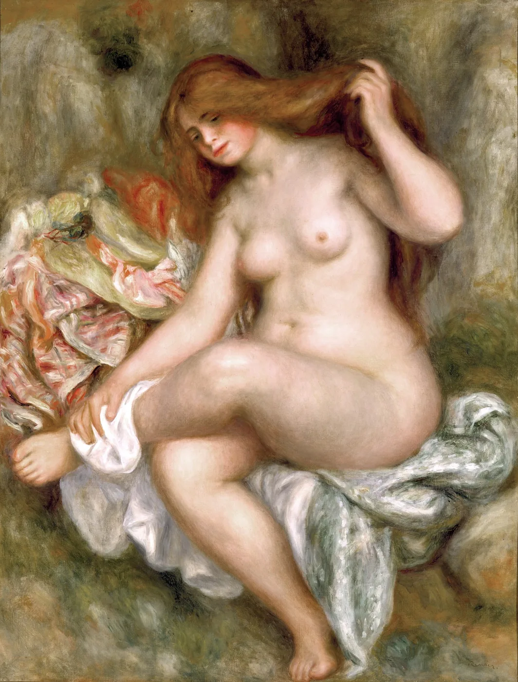 A seated nude bather with long auburn hair grasps a lock of hair while resting on white drapery, in warm flesh tones and soft green.