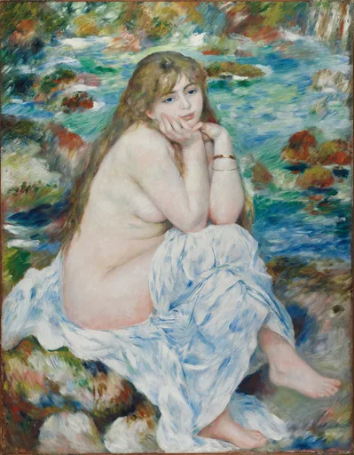 A seated nude bather with long brown hair rests her chin on her hands beside a rocky stream, in pale flesh tones, blue, and green.