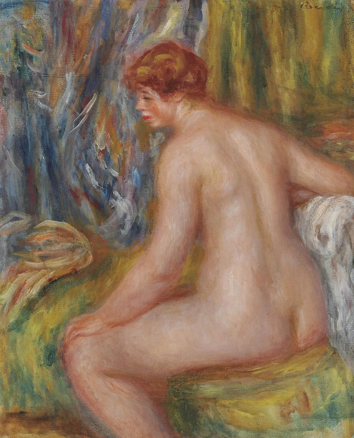 A seated nude bather with auburn hair seen from behind, resting beside a white cloth against a richly coloured wooded backdrop
