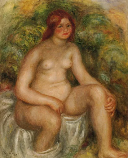 A seated nude bather with auburn hair glances down over her shoulder, a white drape beside her against a striped, multicoloured backdrop