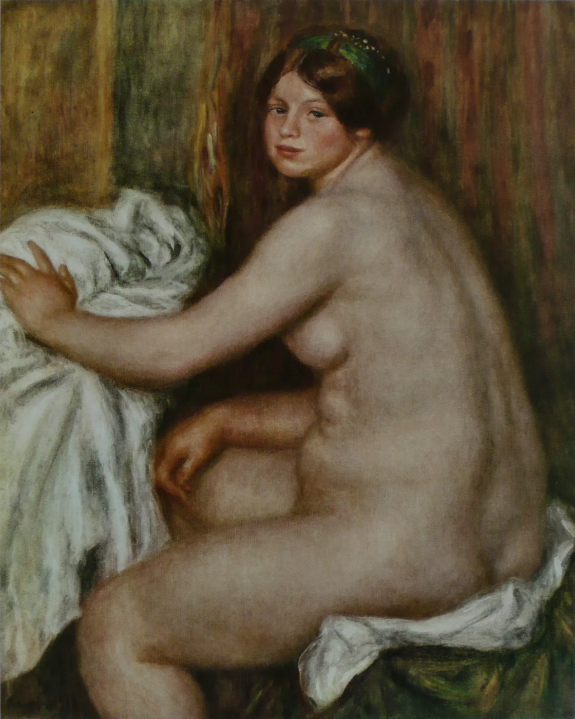 A seated nude bather with a green headband turns to look over her shoulder, one hand resting on white drapery