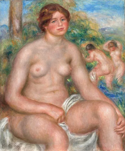 A red-haired nude woman sits outdoors before trees and water, a white cloth draped over her lap, with two bathers visible behind her.