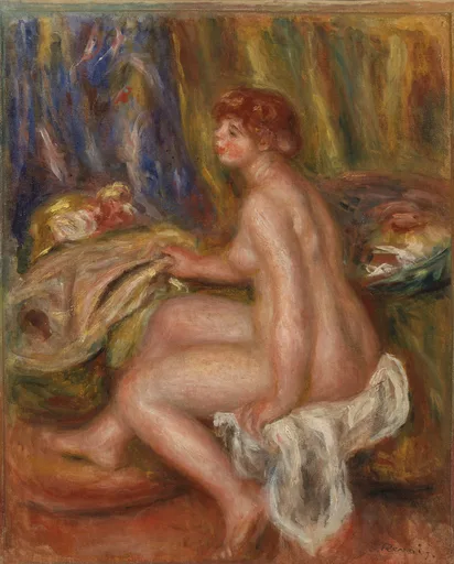A seated nude woman in profile with red hair, resting on draped cloth, in warm flesh tones, ochre, and deep blue