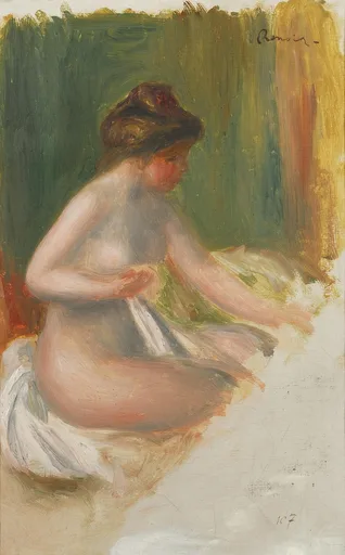 A nude woman with her hair pinned up sits holding white cloth in her lap, looking down, against green and gold.