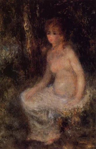A nude woman with reddish hair sits in a dark forest, white drapery at her legs, in deep brown-black tones.