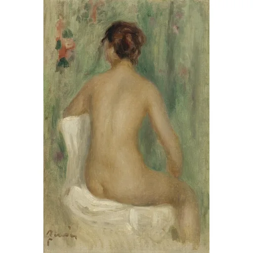 A nude woman is seated seen from behind, hair pinned up, resting on white cloth against a green floral backdrop.