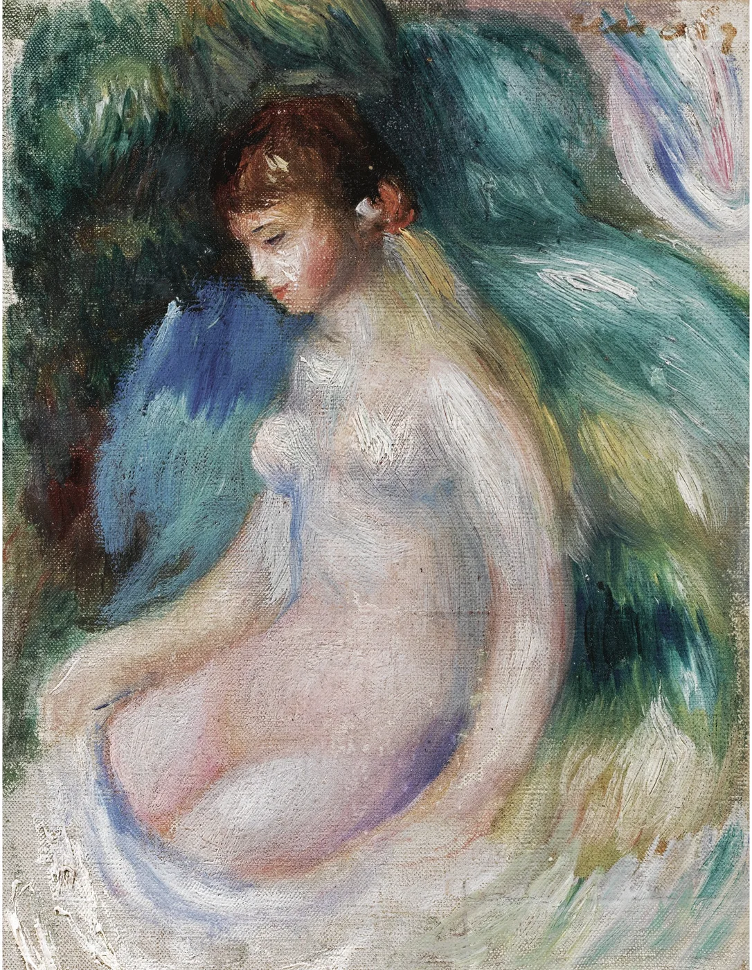 A sketched nude woman sits looking down, pale skin rendered against dense blue-green foliage.
