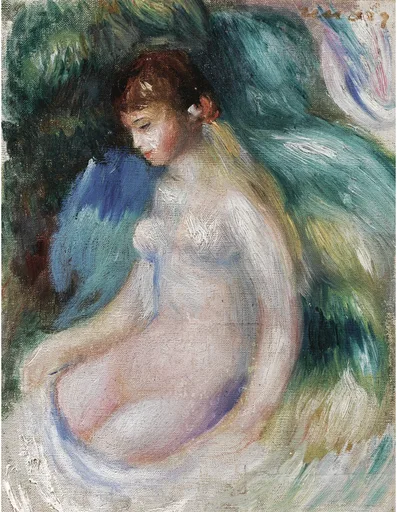 A sketched nude woman sits looking down, pale skin rendered against dense blue-green foliage.