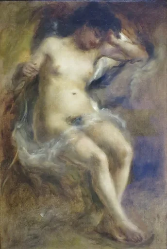 A dark-haired nude woman sits with one hand raised to her head, white drapery around her, in rust-brown and blue.