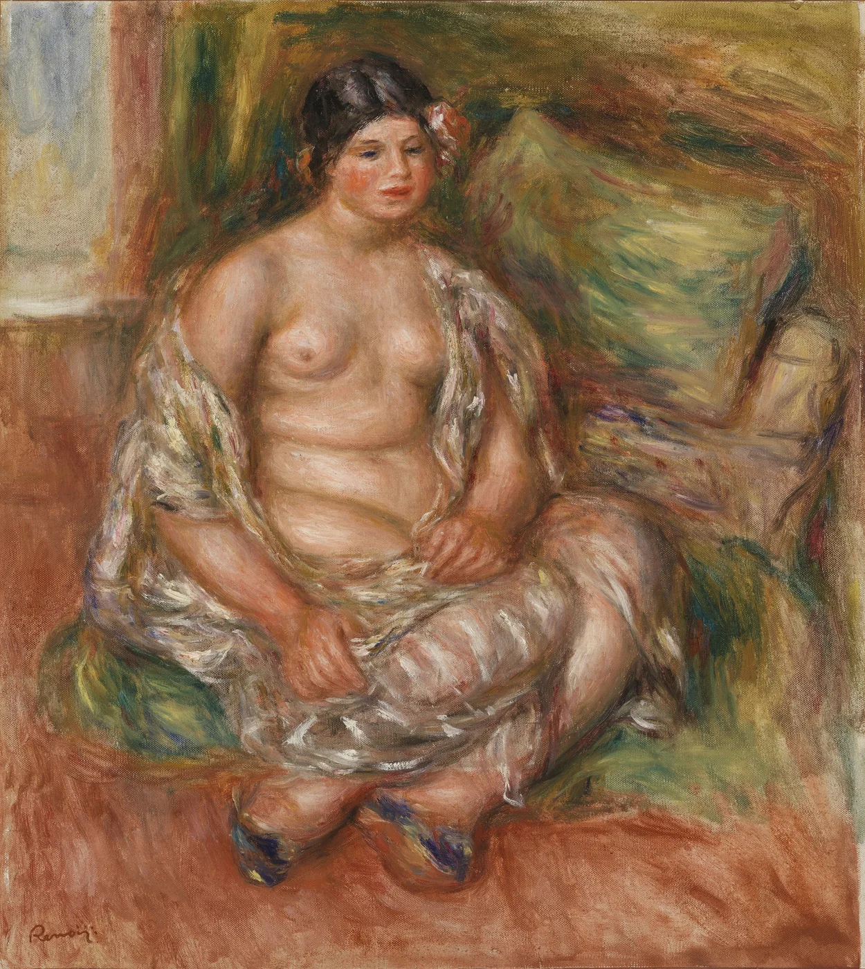 A seated woman with a flower in her dark hair, robe open over her nude torso, in warm flesh tones, olive green, and rust