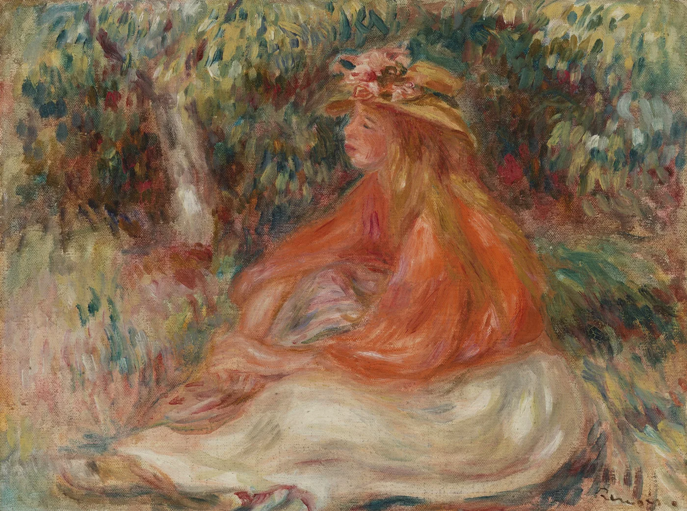 A woman in a flowered straw hat and orange shawl seated on the ground in a wooded garden, in warm orange, green, and cream