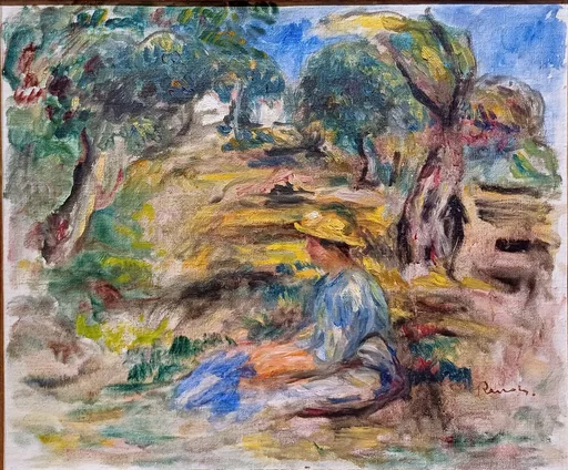 A woman in a straw hat and blue dress seated on the ground beneath trees in a garden, in green, blue, and warm ochre