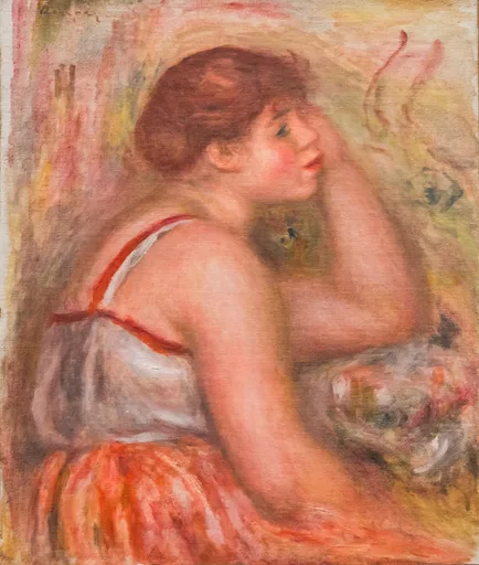 A woman in a striped camisole with red straps seen in profile, chin resting on her hand beside a bowl of flowers, in warm peach tones