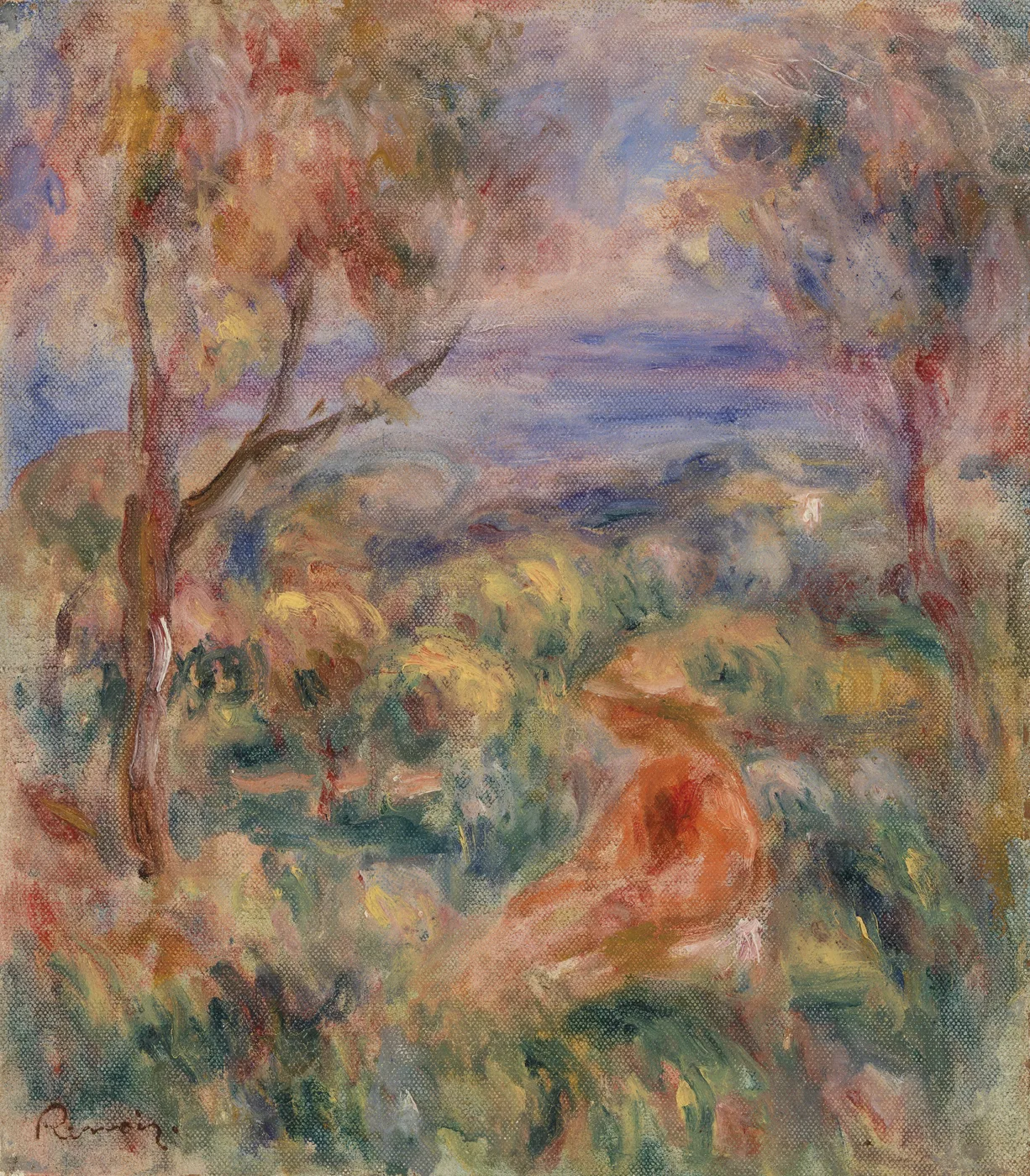 A small seated figure amid trees and shrubs on a hillside overlooking the distant sea, in soft green, coral, and lavender blue