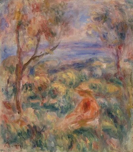 A small seated figure amid trees and shrubs on a hillside overlooking the distant sea, in soft green, coral, and lavender blue