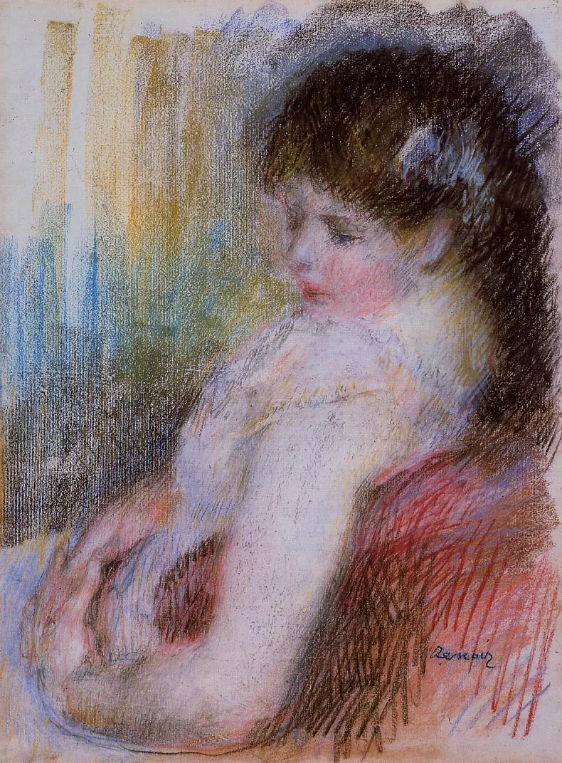 A coloured pencil sketch of a seated dark-haired woman in a white blouse and red skirt, done in loose hatching