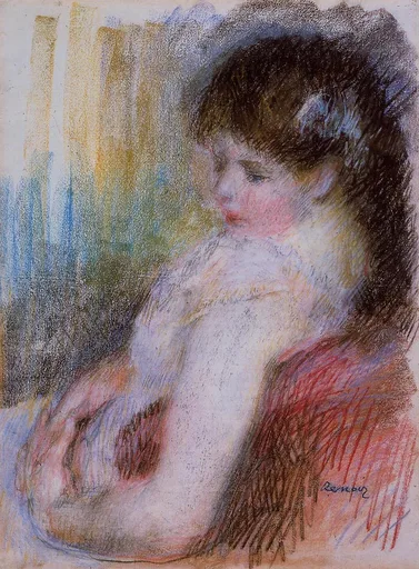 A coloured pencil sketch of a seated dark-haired woman in a white blouse and red skirt, done in loose hatching