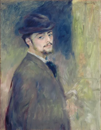 A self-portrait of the bearded artist in a dark round hat and gray coat, glancing over his shoulder, in muted blue, olive green, and gray.