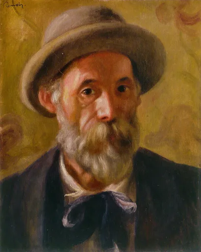 A self-portrait of an elderly bearded man in a wide brimmed hat and dark coat, painted close up against a mustard yellow background