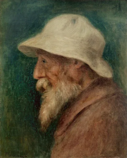 An elderly bearded man in profile wears a wide brimmed white sun hat and a brown coat, set against a dark green background